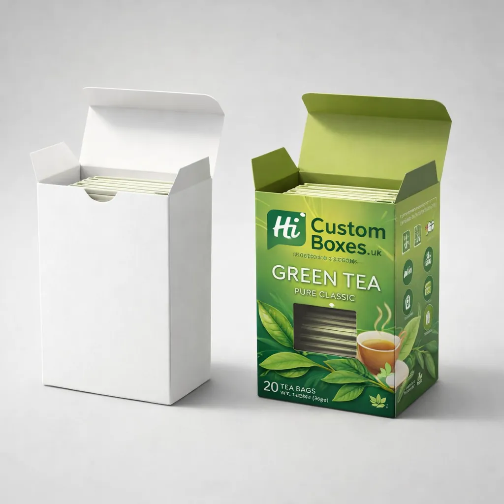 Two retail-ready tea boxes with dispenser openings, one plain white and one with classic branding.